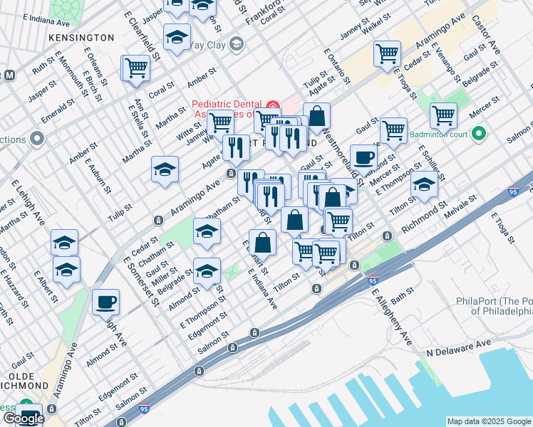 map of restaurants, bars, coffee shops, grocery stores, and more near 2527 East Clearfield Street in Philadelphia