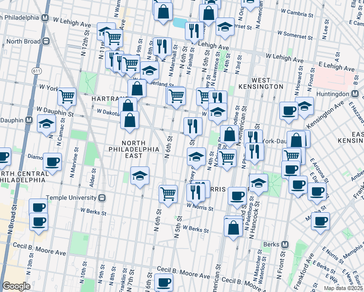 map of restaurants, bars, coffee shops, grocery stores, and more near 2226 North Reese Street in Philadelphia