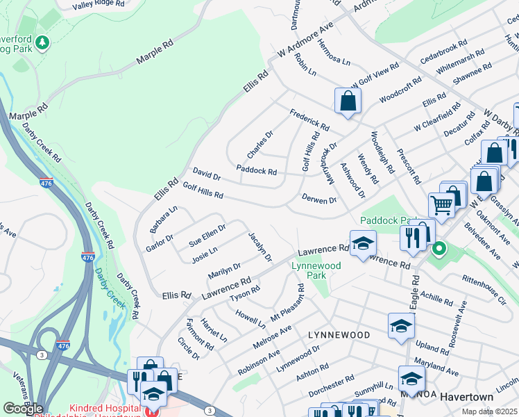 map of restaurants, bars, coffee shops, grocery stores, and more near 269 Golf Hills Road in Havertown