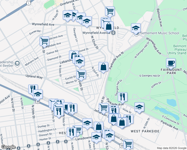 map of restaurants, bars, coffee shops, grocery stores, and more near 1818 North 53rd Street in Philadelphia