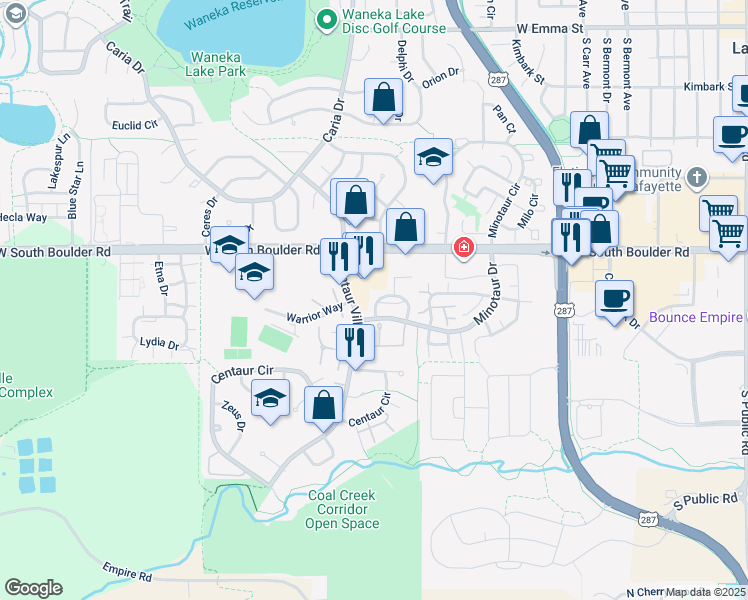 map of restaurants, bars, coffee shops, grocery stores, and more near 1223 James Circle in Lafayette