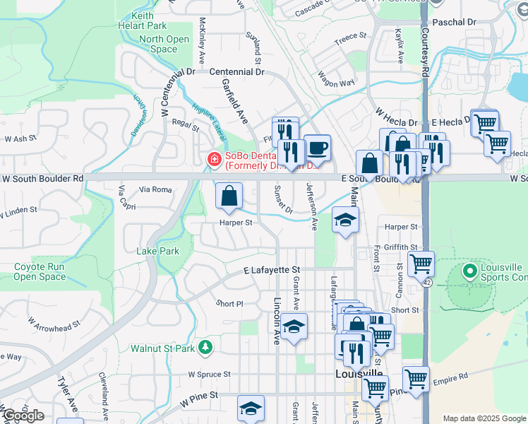 map of restaurants, bars, coffee shops, grocery stores, and more near 1602 Garfield Avenue in Louisville