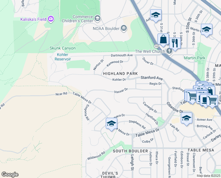 map of restaurants, bars, coffee shops, grocery stores, and more near 2195 Vassar Drive in Boulder