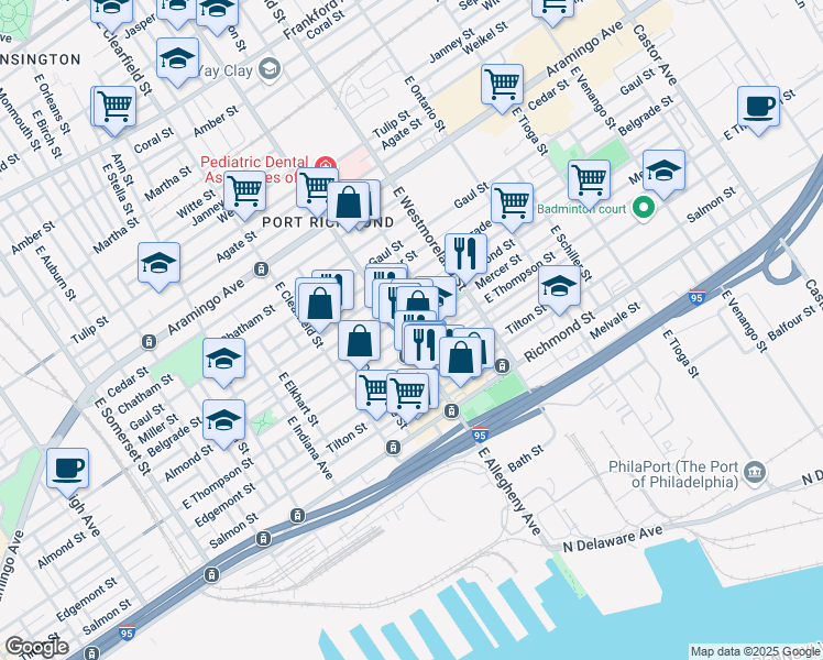 map of restaurants, bars, coffee shops, grocery stores, and more near 2603 East Allegheny Avenue in Philadelphia
