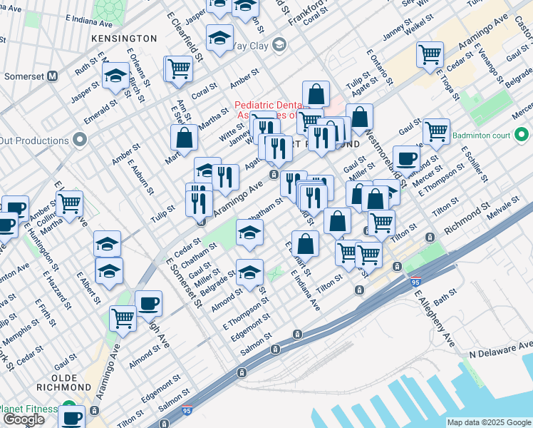map of restaurants, bars, coffee shops, grocery stores, and more near 3025 Chatham Street in Philadelphia