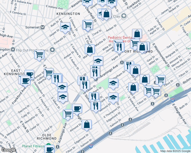 map of restaurants, bars, coffee shops, grocery stores, and more near 2322 East Cambria Street in Philadelphia