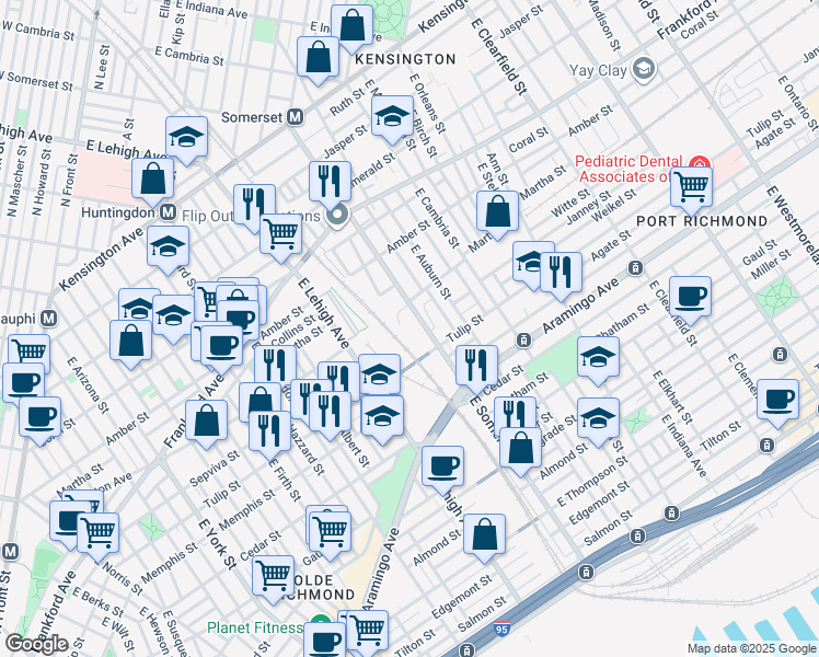 map of restaurants, bars, coffee shops, grocery stores, and more near 2200 East Somerset Street in Philadelphia