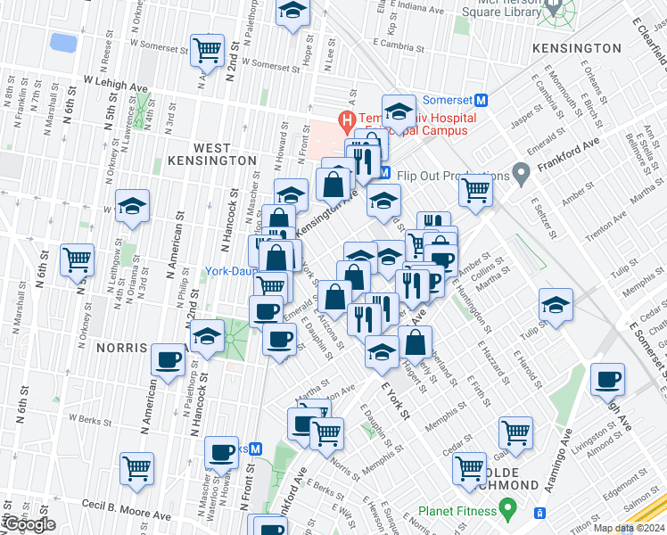 map of restaurants, bars, coffee shops, grocery stores, and more near 2444 Emerald Street in Philadelphia