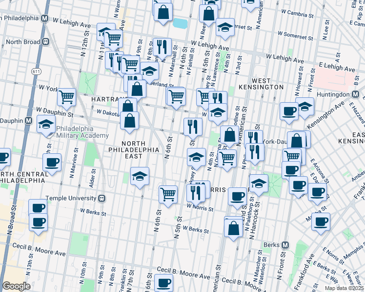 map of restaurants, bars, coffee shops, grocery stores, and more near 2238 North Reese Street in Philadelphia
