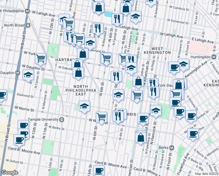 map of restaurants, bars, coffee shops, grocery stores, and more near 2238 North Reese Street in Philadelphia