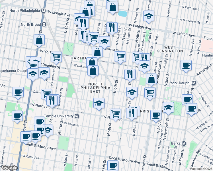 map of restaurants, bars, coffee shops, grocery stores, and more near 2224 North 7th Street in Philadelphia