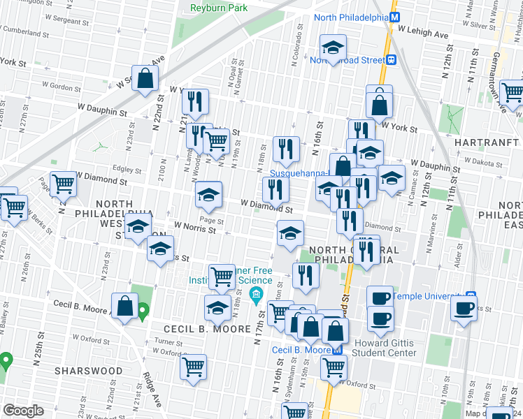 map of restaurants, bars, coffee shops, grocery stores, and more near 1717 Fr. P. Washington Avenue in Philadelphia