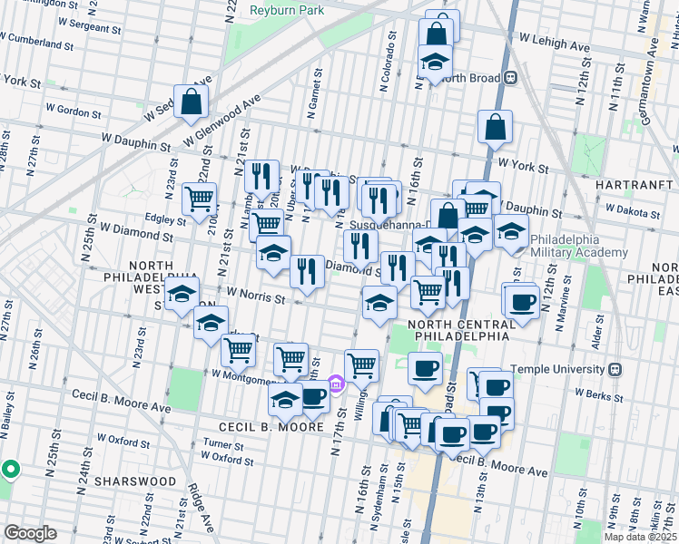 map of restaurants, bars, coffee shops, grocery stores, and more near 1717 Fr. P. Washington Avenue in Philadelphia