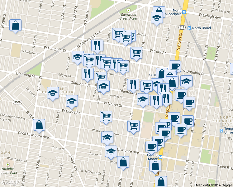 map of restaurants, bars, coffee shops, grocery stores, and more near in Philadelphia