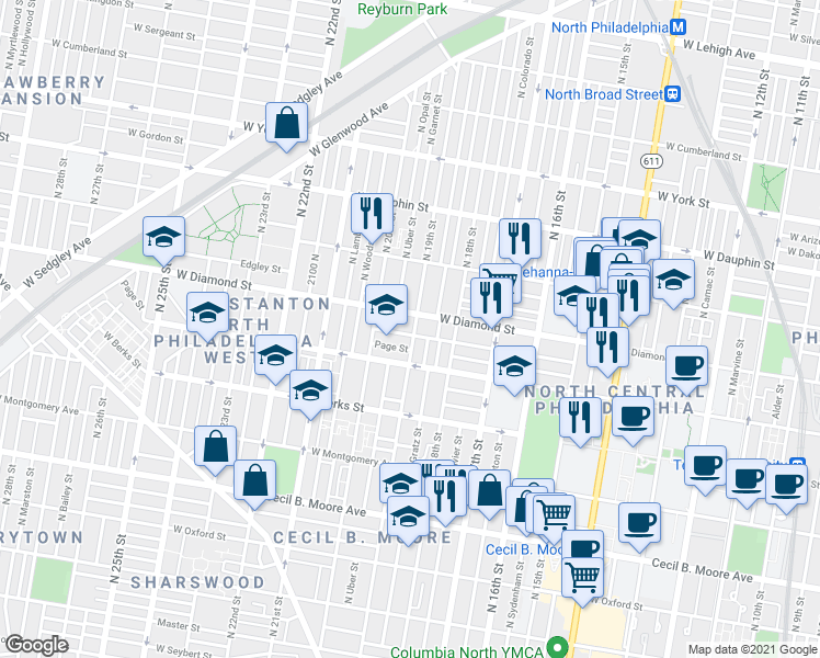 map of restaurants, bars, coffee shops, grocery stores, and more near 1910 West Diamond street in Philadelphia