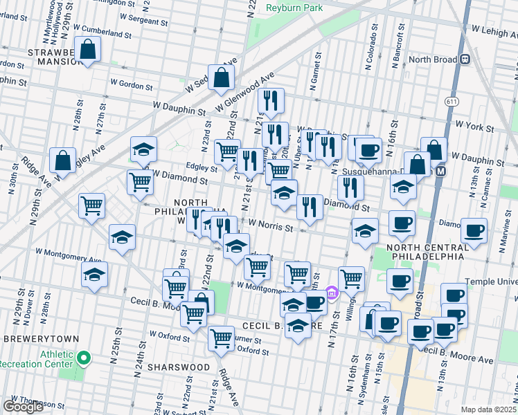 map of restaurants, bars, coffee shops, grocery stores, and more near 2023 North Lambert Street in Philadelphia