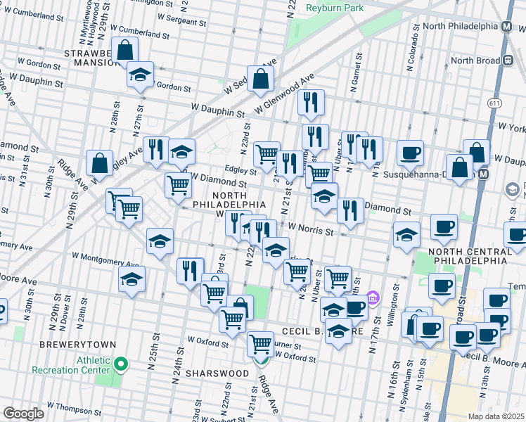 map of restaurants, bars, coffee shops, grocery stores, and more near in Philadelphia