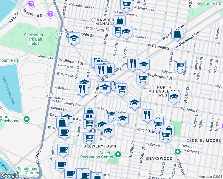 map of restaurants, bars, coffee shops, grocery stores, and more near 2677 West Glenwood Avenue in Philadelphia