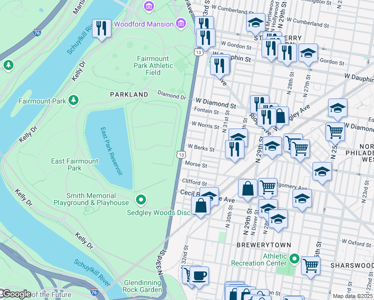 map of restaurants, bars, coffee shops, grocery stores, and more near 1847 North 33rd Street in Philadelphia