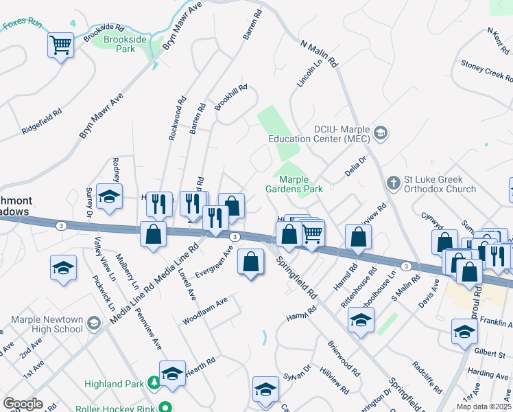 map of restaurants, bars, coffee shops, grocery stores, and more near 3041 West Chester Pike in Broomall