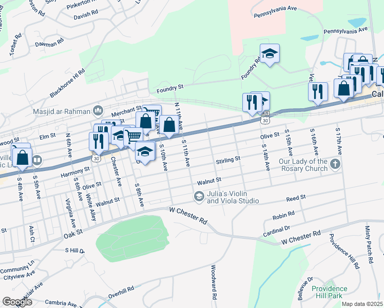 map of restaurants, bars, coffee shops, grocery stores, and more near 1116 Olive Street in Coatesville