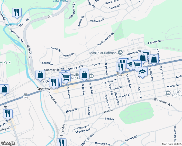 map of restaurants, bars, coffee shops, grocery stores, and more near 101 North 5th Avenue in Coatesville