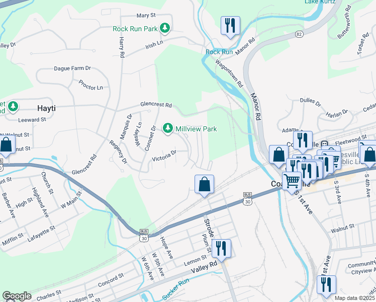 map of restaurants, bars, coffee shops, grocery stores, and more near 1301 Francis Drive in Coatesville