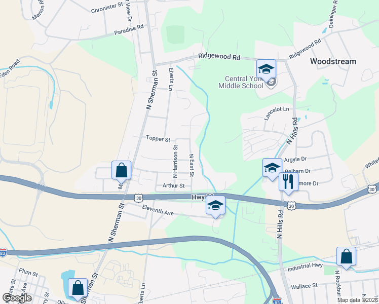 map of restaurants, bars, coffee shops, grocery stores, and more near 1655 North East Street in York