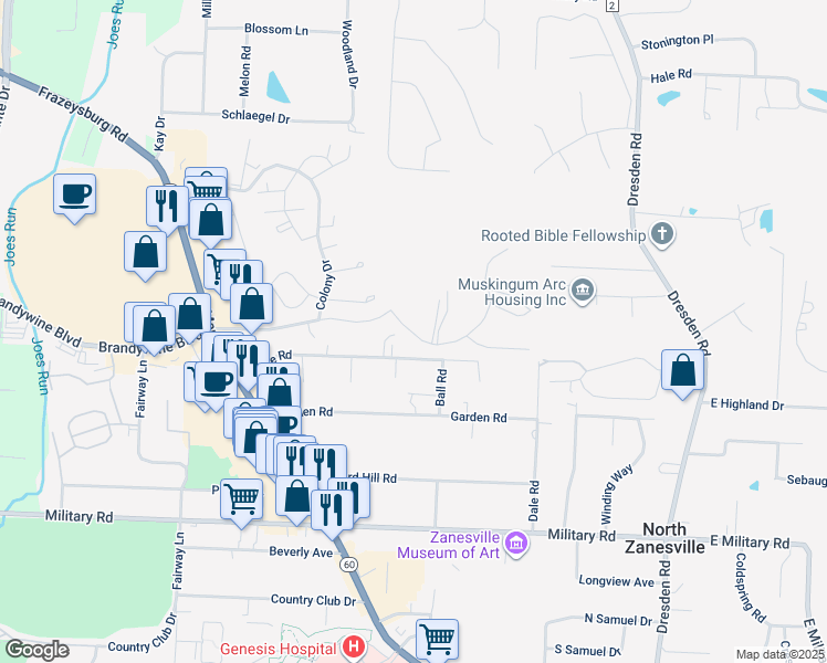 map of restaurants, bars, coffee shops, grocery stores, and more near 1001 Eastward Circle in Zanesville