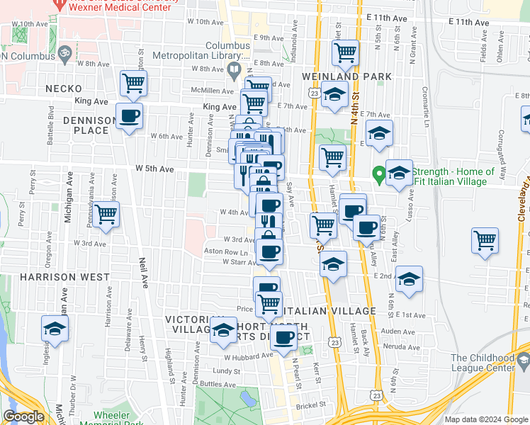 map of restaurants, bars, coffee shops, grocery stores, and more near 1139 North High Street in Columbus