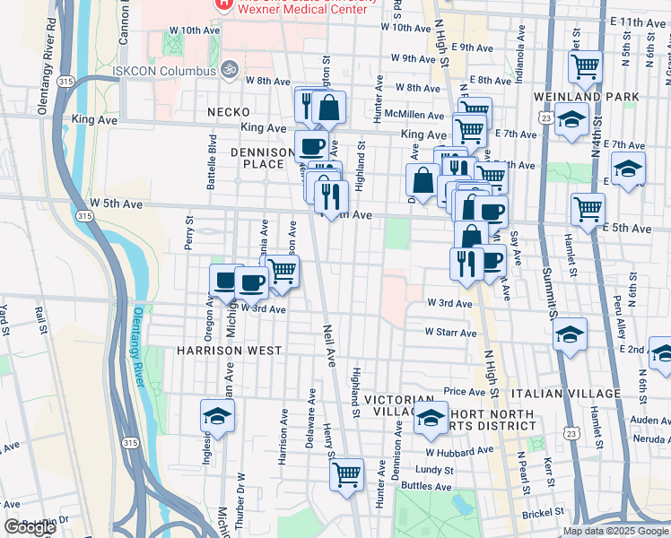 map of restaurants, bars, coffee shops, grocery stores, and more near 231 West 4th Avenue in Columbus