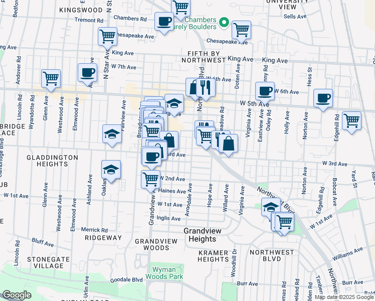 map of restaurants, bars, coffee shops, grocery stores, and more near 1344 Sunrise Avenue in Columbus