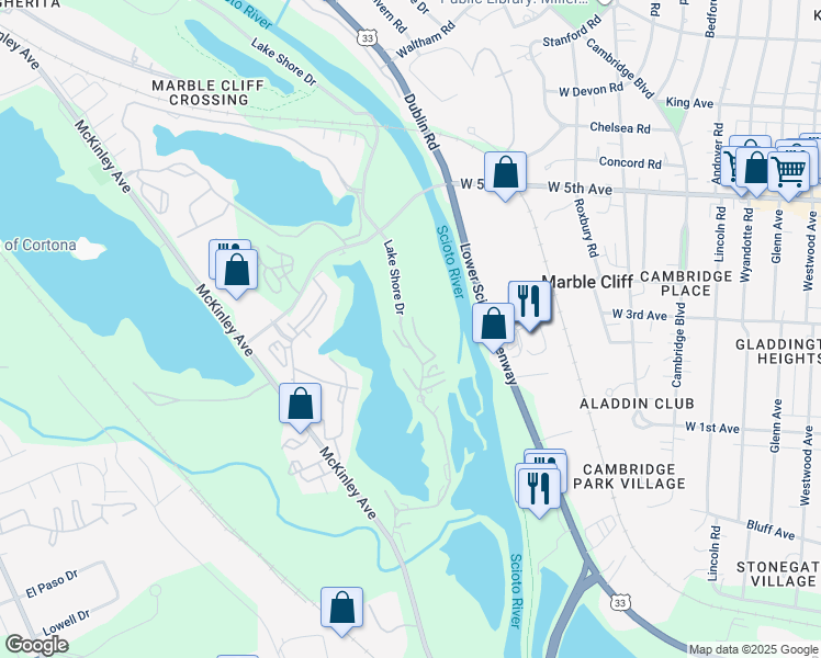map of restaurants, bars, coffee shops, grocery stores, and more near 1481 Cliff Court in Columbus