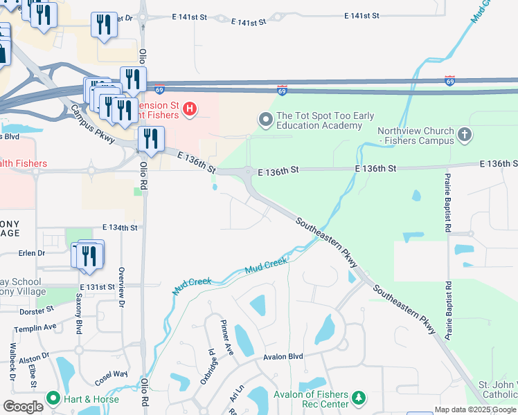 map of restaurants, bars, coffee shops, grocery stores, and more near 14270 Bay Willow Drive in Fishers