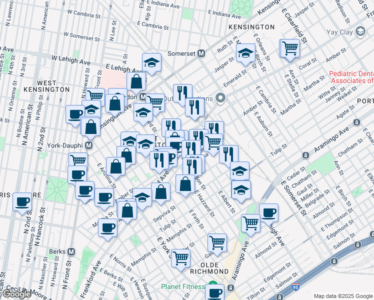 map of restaurants, bars, coffee shops, grocery stores, and more near 2639 Amber Street in Philadelphia