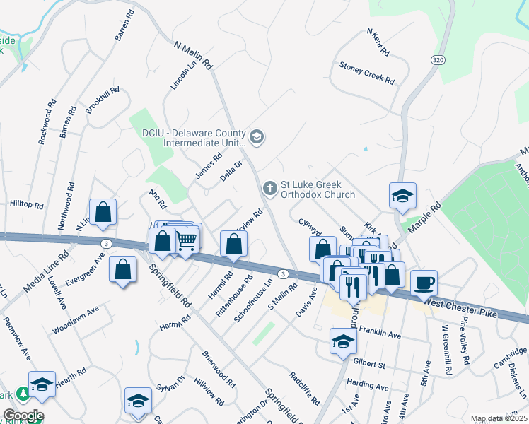 map of restaurants, bars, coffee shops, grocery stores, and more near 51 Fairview Road in Broomall
