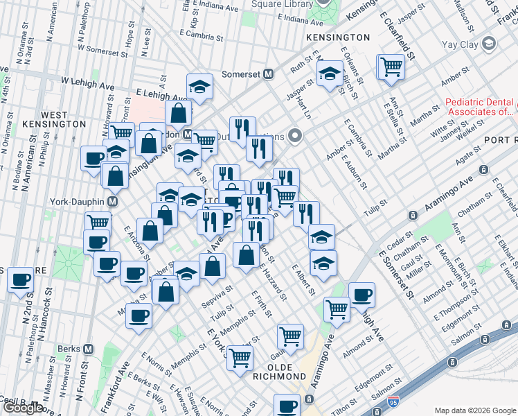 map of restaurants, bars, coffee shops, grocery stores, and more near 2635 Amber Street in Philadelphia
