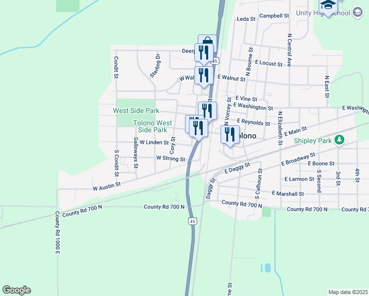 map of restaurants, bars, coffee shops, grocery stores, and more near 211 West Linden Street in Tolono
