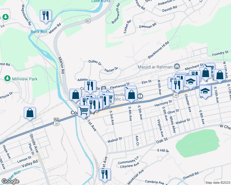 map of restaurants, bars, coffee shops, grocery stores, and more near 339 Lumber Street in Coatesville