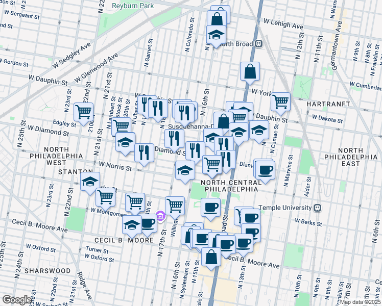 map of restaurants, bars, coffee shops, grocery stores, and more near 1611 West Diamond street in Philadelphia