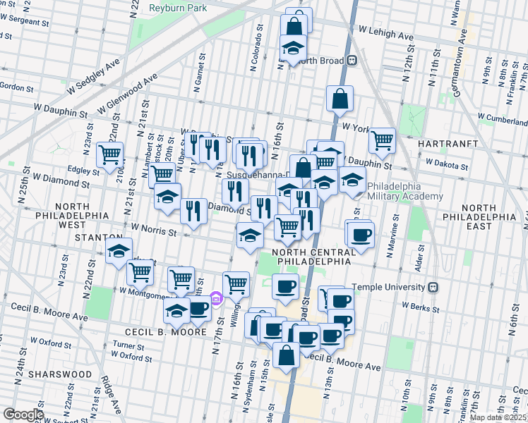 map of restaurants, bars, coffee shops, grocery stores, and more near 1609 West Diamond street in Philadelphia