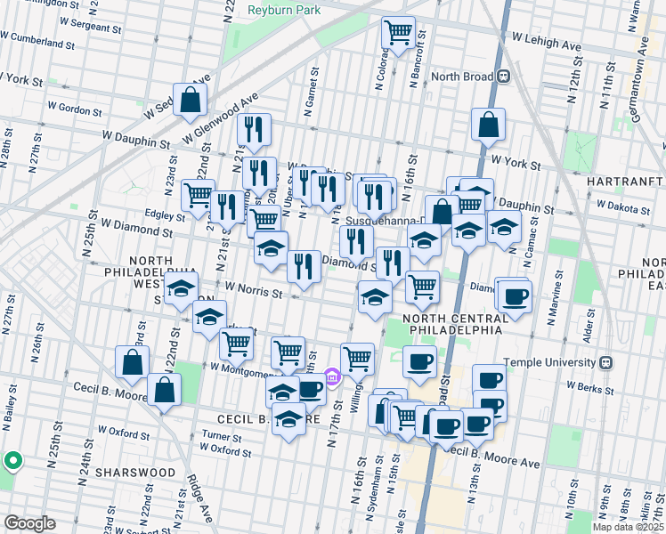 map of restaurants, bars, coffee shops, grocery stores, and more near 1740 West Diamond street in Philadelphia