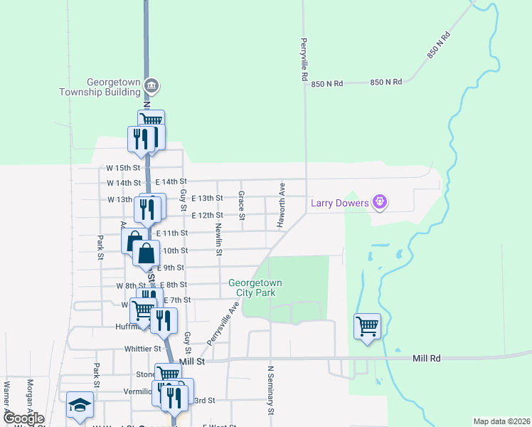 map of restaurants, bars, coffee shops, grocery stores, and more near 1201 Dillon Avenue in Georgetown