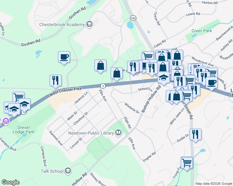 map of restaurants, bars, coffee shops, grocery stores, and more near 3764 School Lane in Newtown Square
