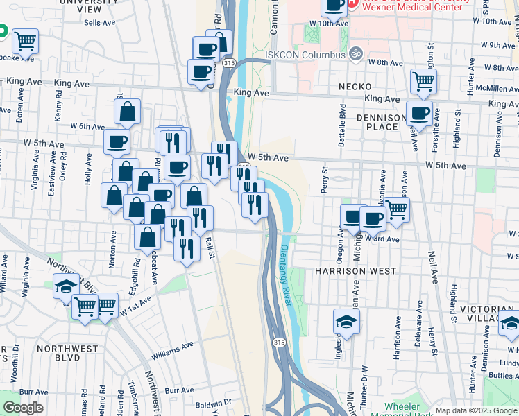 map of restaurants, bars, coffee shops, grocery stores, and more near 1160 Olentangy River Road in Columbus