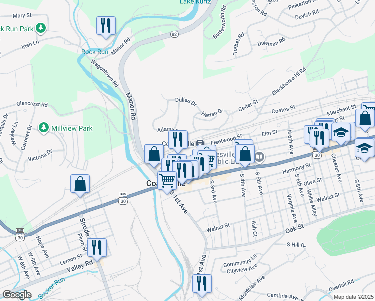 map of restaurants, bars, coffee shops, grocery stores, and more near 224 Fleetwood Street in Coatesville