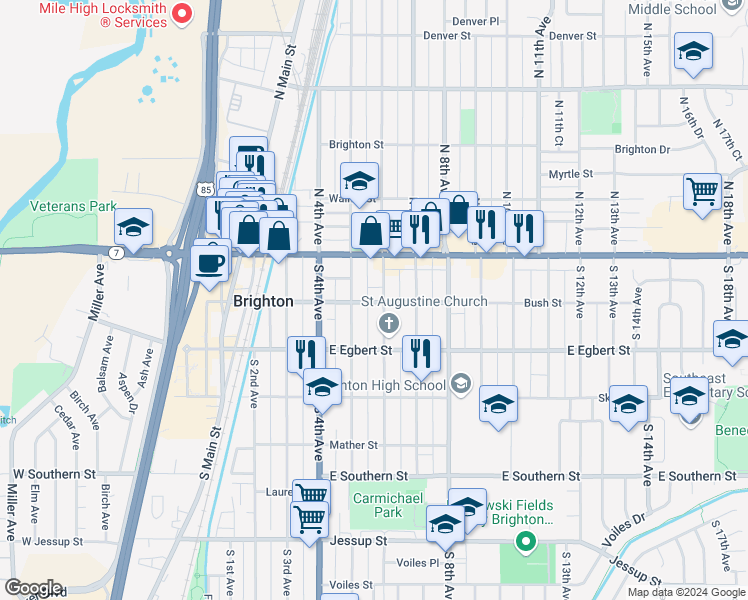map of restaurants, bars, coffee shops, grocery stores, and more near 575 Bush Street in Brighton