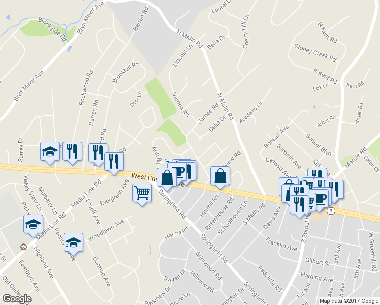 map of restaurants, bars, coffee shops, grocery stores, and more near 63 Ann Road in Broomall