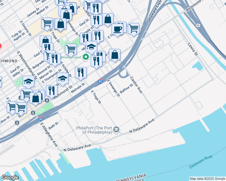 map of restaurants, bars, coffee shops, grocery stores, and more near 2942 East Venango Street in Philadelphia