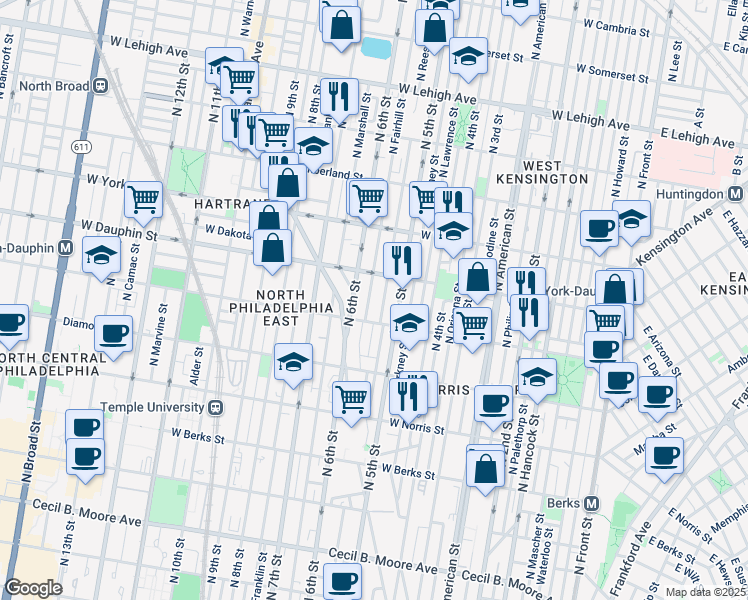 map of restaurants, bars, coffee shops, grocery stores, and more near 2231 North Fairhill Street in Philadelphia